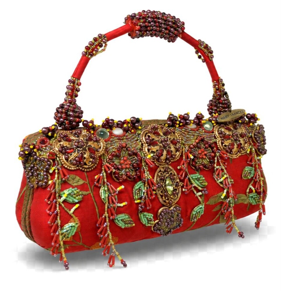 Vintage Mary Frances Silk Siren Beaded Embroidered Red Snap Close Handbag Purse